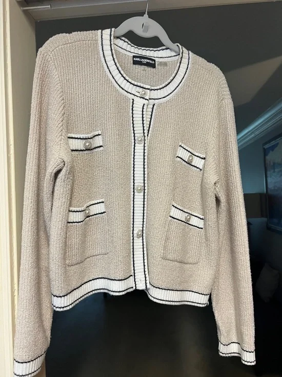 Karl Lagerfeld Beige Knit Cardigan with Black & White Trim - Picture 1 of 6